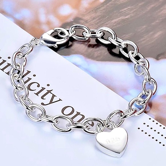 Heart Lock Sterling Silver Pendant Charm Chain Link Bracelet - Picture 2 of 2